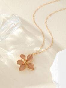 1pc Fashion Teardrop Glazed Pink & Red Flower Pendant Necklace, Burgundy Flower Charm Necklace, Daily Wear Accessory For Women - Multicolor - View 10