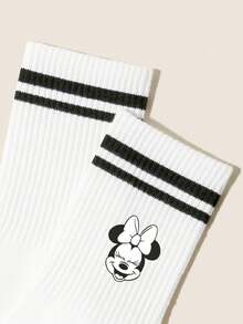 Disney 5/1 Pair Spring/Summer Crew Socks, Cute Cartoon Black & White Big Head And Pattern, Classic Simple Moisture-Wicking Comfortable White Double Stripe Socks/Sports Socks, Suitable For Parties, Casual Sports, Outings, Gift Giving - Black and White - View 5