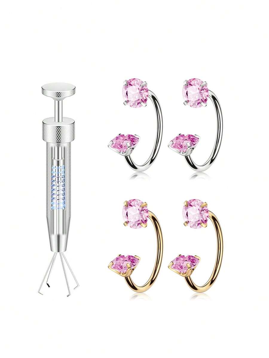 Set de 2 anillos/pendientes de nariz en forma de herradura, de acero inoxidable y aleación de titanio con rosca interna de 16G/18G/20G y cristal de circonia cúbica, incluye herramienta de perforación, apto para labios, cejas, cartílago y kit de perforación de nariz - Plateado - Ver 1