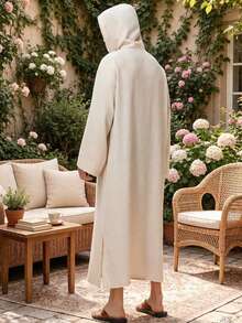 Men's Muslim Hooded Robe, Home Robe, Casual Vacation Robe, Courtyard Style Robe, With Pockets On Both Sides And A Forked Hem, Moderate Length - Champagne - View 5