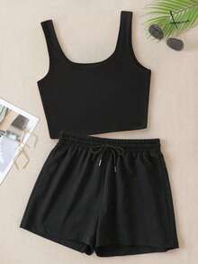 Conjunto de 2 piezas para mujer. Un conjunto de ropa deportiva de 2 piezas que incluye un top corto acanalado y shorts deportivos, adecuado para actividades al aire libre, deportes, viajes, caminatas por la ciudad, etc. Cómodo y fácil de combinar. Top acanalado elástico, conjunto de top corto y shorts para mujer, conjunto de 2 piezas para mujer. Top para mujer, shorts para mujer, conjunto de ropa deportiva para mujer. Negro - Negro - Ver 1