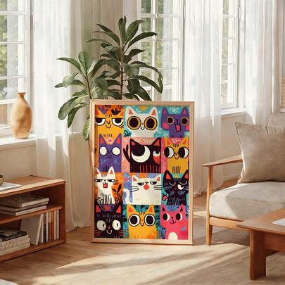 1pc Colorful Cat Wall Art Picture Cute Multi-Panel Kitty Pop Art Canvas Print Paintings|Modern Whimsical Abstract Animal Decorations For Kids Room,Nursery,Bedroom,Living Room Or Office Home Decor,Vibrant Expressionist Feline Art Poster,Funny Cat Lover Gift For Her,Unframed Or Framed