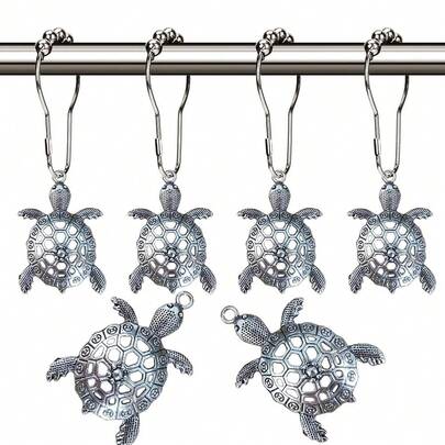 Sea Turtles Shower Curtain Hooks Rings - Silver Metal Shower Hooks For Shower Curtain, Rust Proof Shower Curain Hooks Clips Bathroom Accessories Set, Ocean Tropical Beach Theme Bathroom Decor