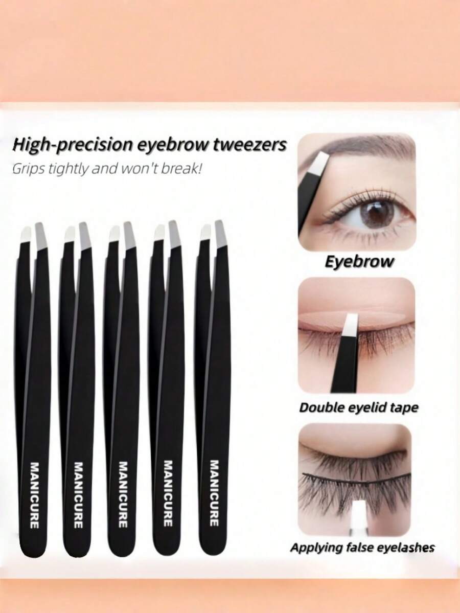 5pcs High Quality Stainless Steel Eyebrow Tweezers, Precision Facial Hair Removal Tweezers, Eyebrow Grooming Tools - View 1