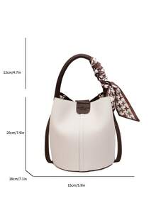 New Stylish Color Block Tote Bag With Scarf Decor, Spacious Bucket Bag Design With Sophisticated Vibe - Coffee Brown - View 10