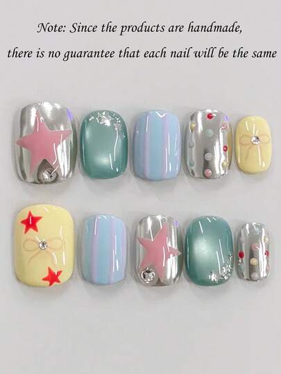 10pcs Minimalist Daily Fresh INS Y2K Baddie Mint Green Cat Eye Handpainted Colorful Bow, Polka Dot, Striped, Pentagram Metal Feeling Silver Nail Stickers, Suitable For Beach, Music Festival, Artistic Manicure