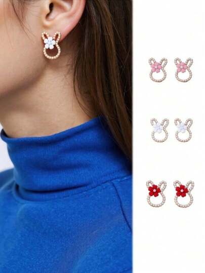 1对优雅时尚可爱花朵兔子耳环，甜美风格女士首饰配饰