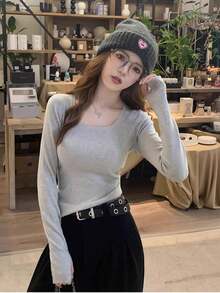 Square Neck Long Sleeve Knit Sweater, Slim Fit Base Layer Top For Autumn/Winter Spring - Grey - View 4