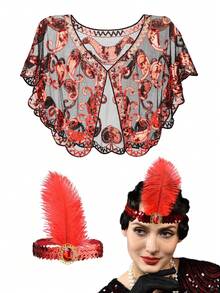 Forever & Moment 1920年代女士盖茨比风格服装配饰套装（2件套），包括亮片头饰、流苏披肩，适合20年代复古派对、盛大晚宴、舞蹈表演、化装舞会、咆哮的二十年代主题装扮等场合。 - 彩色 - 查看 17