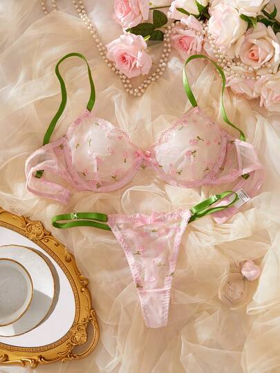 Pink Romantic Floral Embroidery Sheer Sexy Lingerie For Women