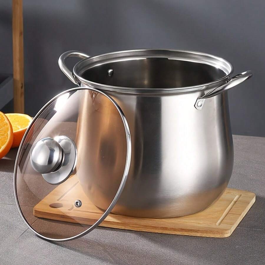 Large Stainless Steel Soup Pot With Glass Lid - Thicker And Taller, Multi-Functional For Stewing And Soup, Compatible With Gas Stove And Induction Cooktop, Suitable For Home And Restaurant Use