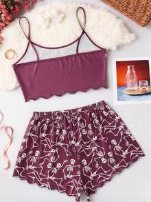 Bộ đồ ngủ gồm áo hai dây và quần short in hình bàn tay xương. - Màu tím - Xem 3