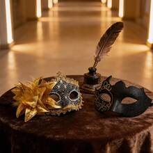 Unisex Masquerade Mask, Carnival And Venetian Costume Mask, Women's Side Flower Eye Mask, Suitable For Christmas, Halloween, Costume Party, Couple Masquerade Ball Mask Set, Venetian Party Mask - Gold - View 9