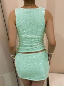 Women's Slim Sequin Two-Piece Outfit Sexy Sleeveless Y2K U-Neck Tankini Top And Mini Skirt For Club Party - màu xanh lá - Xem 2