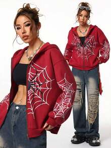 2026 Y2K Spider Web Print Unisex Zip Up Hoodie | Oversized Loose Fit For Men & Women, All Seasons - 紅色 - 查看 1