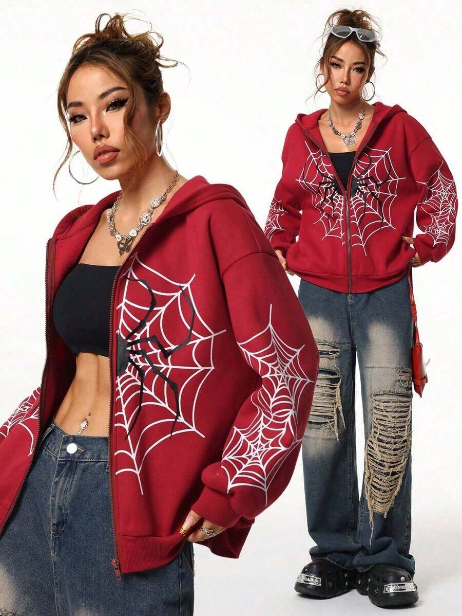 2026 Y2K Spider Web Print Unisex Zip Up Hoodie | Oversized Loose Fit For Men & Women, All Seasons - 紅色 - 查看 1