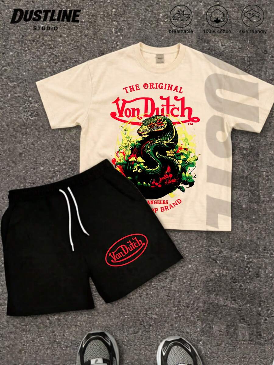 Men's Creative T-Shirt & Shorts Set American Vintage Full Print Street Wear Essential Graphic Tee With Dragon Floral & Logo For Casual Outfits - 杏色 - 查看 1