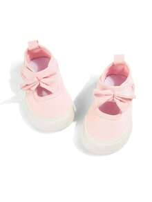 1 Pair Toddler Girls Solid Pink Canvas Shoes Sweet Bowknot Round Toe Hook & Loop Closure Flat Mary Jane Sneakers For Birthday Party Daily Wear - Pink - View 5