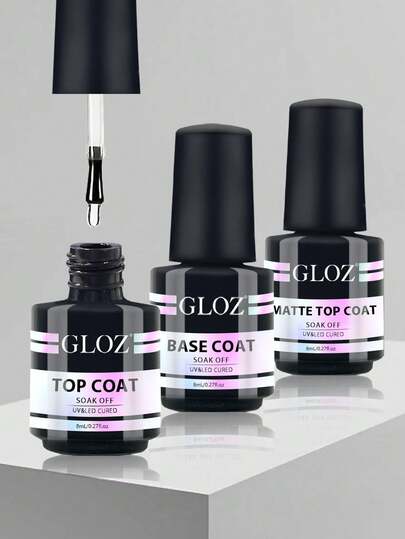 GLOZ 3PCS Gel Base Coat Top Coat Matte Top Coat Set For Gel Nail Polish, No Wipe Matte & Shiny Top Coat, Long Lasting High Gloss And Matte Effects DIY At Home Need UV/LED Lamp