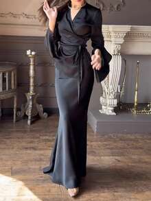 2pcs Women's Elegant Solid Color Long Sleeve Top And Skirt Set Spring Black - Black - View 8