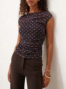 2026 New Women's Polka Dot Waist-Defining Sleeveless Top Stylish and Sophisticated Designer Women's Wear Spring/Summer Collection - marrón café - Ver 3