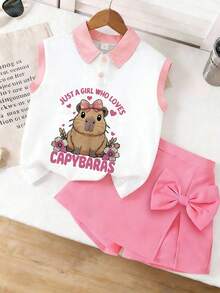 两件套水豚印花背心短裤套装，休闲时尚，深受少女喜爱的热门童装 - 粉色 - 查看 1