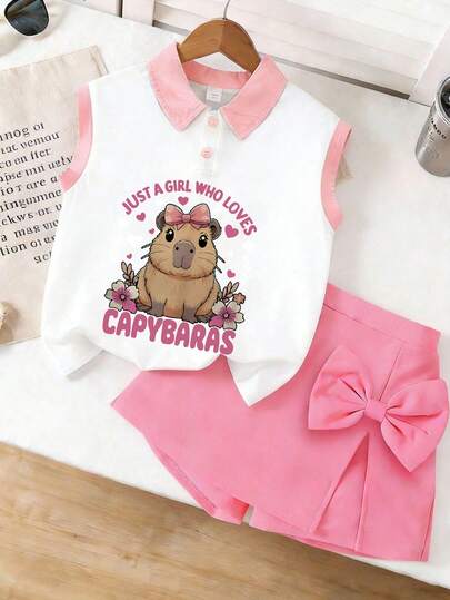 2pcs Capybara Print Tank Top And Shorts Set, Casual & Fashionable, Popular Children's Clothing Loved By Teenage Girls