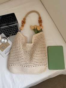 Red Woven Bag With Elegant Niche Crochet Cotton Yarn Straw Bag, New Large Capacity Underarm Bag, Vacation Style Women Handbag - Beige - View 9