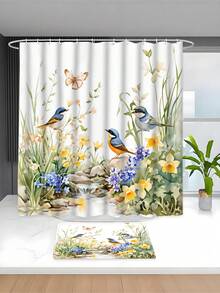 四件套绿色花卉鹦鹉春夏主题浴室浴帘套装，包含浴垫、U型马桶盖套、防水浴帘、现代风格浴室隔断帘，无需钻孔，涤纶材质，可机洗。 - 鳥 - 查看 6