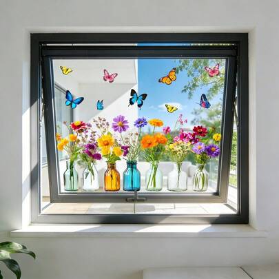 1/3 ملصقات زجاجية زخرفية بزهور الربيع في أواني وفراشات، غشاء لاصق ثابت للنوافذ والغرف، قابل لإعادة الاستخدام، ديكور جداري نباتي جمالي