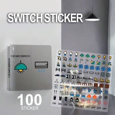 100 מדבקות תווית אינדקס יח'\סט - זיהוי משטחי מתגים וסימוני תיבות חשמל, חומר שקוף צבעוני PVC, מתאים לתאורה, מטבח, מוסך, מזגן, תנור, מאוורר, מכונת כביסה, אסלה, כיריים, חדר עבודה