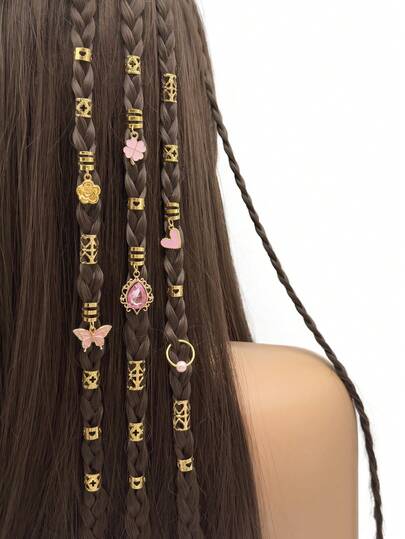 46pcs Pink Butterfly & Clover Heart Rhinestone Gold Rose Elegant Alloy Hair Scrunchies Set, Romantic Boho Style Hair Accessories For Women