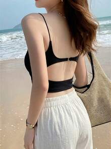 Backless Sexy Camisole Top For Women With Padded Bra, Sleeveless Cami Top, Summer Casual Black - Black - View 7