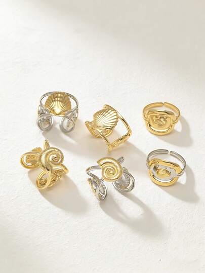 3 piezas Anillos chapados en oro de 18K de acero inoxidable, Anillos de mujer, Estilo Ins, Anillos elegantes, Joyería de mujer, Estilo bohemio, Regalo delicado, Serie Océano, Concha, Delfín, Caracol Cangrejo, Anillos dorados, Combinación de colores