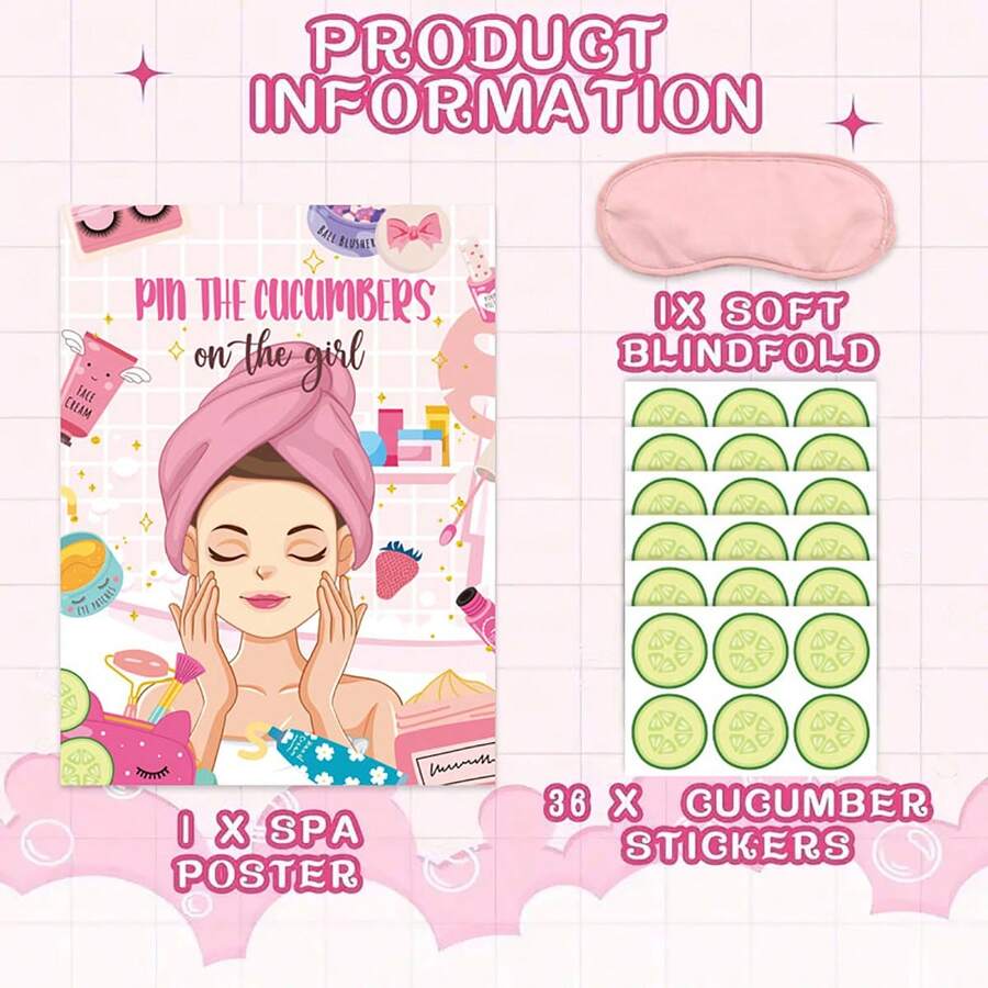 Spa Party Game Kit - 36 Cucumber Stickers Including Face Poster, Eye Mask, And Stickers - Perfect For Masquerade And Spa Party Themed Events. Pin The Cucumbers - View 1