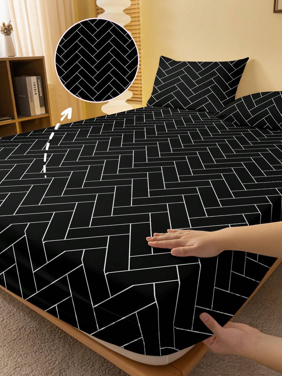 1 bộ ga trải giường in họa tiết hình học kẻ caro tối giản hiện đại màu đen, chất liệu mềm mại, thích hợp cho phòng ngủ (không bao gồm vỏ gối). - Nhiều màu - Xem 1