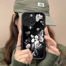 Flores, fondo negro, rosa y blanco. Fundas compatibles con , Apple, VIVO, OPPO, , Transsion, ,  y Honor. Fabricadas en silicona TPU, ofrecen protección contra golpes y caídas. - Negro - Ver 3