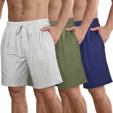 Men's Cotton Pajama Shorts 3-Pack, Soft Sleepwear With Pockets - Dark Blue, Light Olive Green, Off White - View 1