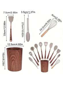 1/7/11/12 st silikon köksredskapsset, non-stick och värmebeständigt med trähandtag, kockverktyg och prylar inklusive sked, spatel, visp, tång, borste och hållare, inflyttningspresent och daglig användning för matlagningsentusiaster - Multifärgad - Visa 11