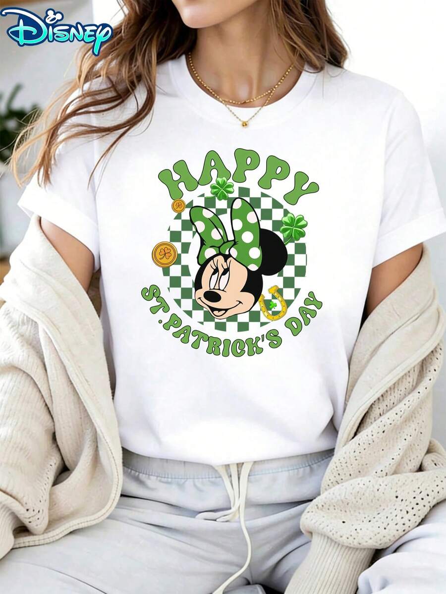 Disney Women's Minnie Mouse St. Patrick's Day Lucky Bow Short-Sleeved T-Shirt - Horseshoe & Clover Theme Round-Neck Top, Soft Cotton Breathable Fabric, Daily Leisure Wear - trắng - Xem 1