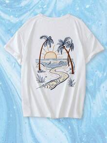 夏季新款休闲椰树印花圆领短袖T恤，时尚百搭女式上衣 - 白色 - 查看 4
