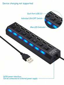 7端口USB 2.0集线器，带独立开关，高速USB分线器扩展坞，适用于笔记本电脑、台式机、U盘、鼠标、键盘，支持即插即用（不支持设备充电） - 查看 5