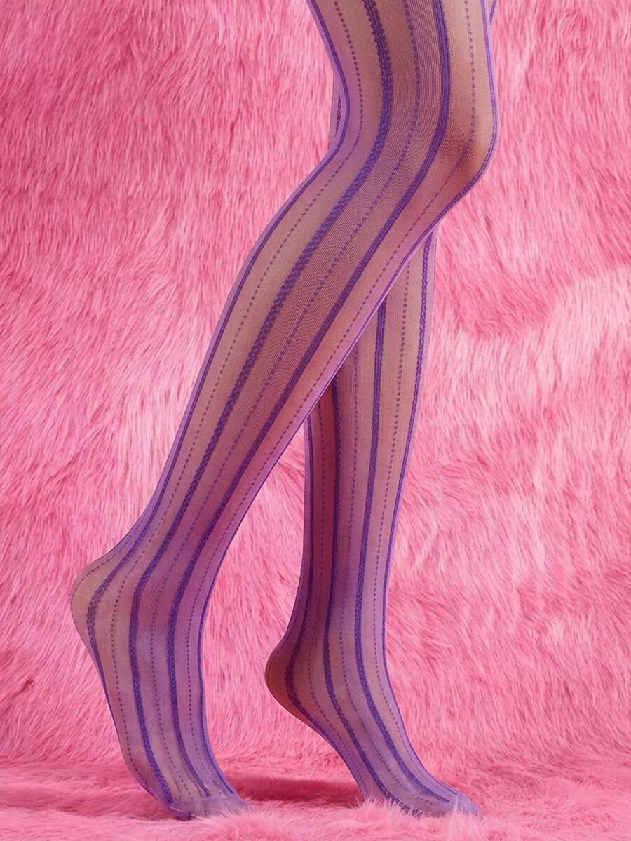 1pc Purple Chain Pattern Sheer Stockings, Vintage Look, Comfortable & Non-Slip, Suitable For Spring/Summer - Purple - View 1