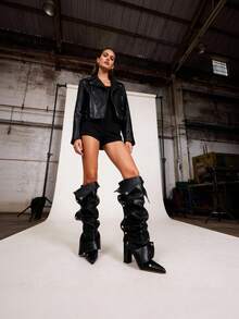 Women's Ruched Slouchy Knee High Boots Stiletto Thin High Heels Pointed Toe Detachable Buckle Party Dress Sexy Shark Boots Woman - 黑A - 查看 3