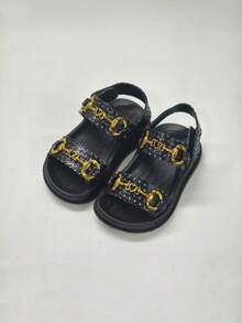 婴儿蝴蝶金属扣凉鞋，绑带魔术贴平底沙滩鞋，夏季 - 黑色 - 查看 6