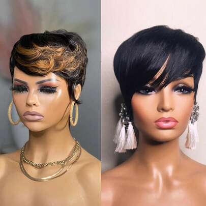 Tóc giả ngắn kiểu Pixie, tóc thật màu 1B33, màu đen tự nhiên, tóc giả ngắn cho phụ nữ da đen, tóc thật không có ren phía trước, kiểu Pixie Cut, quà tặng tình yêu, Ngày của Mẹ, Giáng sinh, sử dụng hàng ngày, tóc giả không cần keo dán, tóc thật nguyên chất được làm bằng máy, lưới hoa hồng thoáng khí, tóc ngắn nhiều lớp có mái.