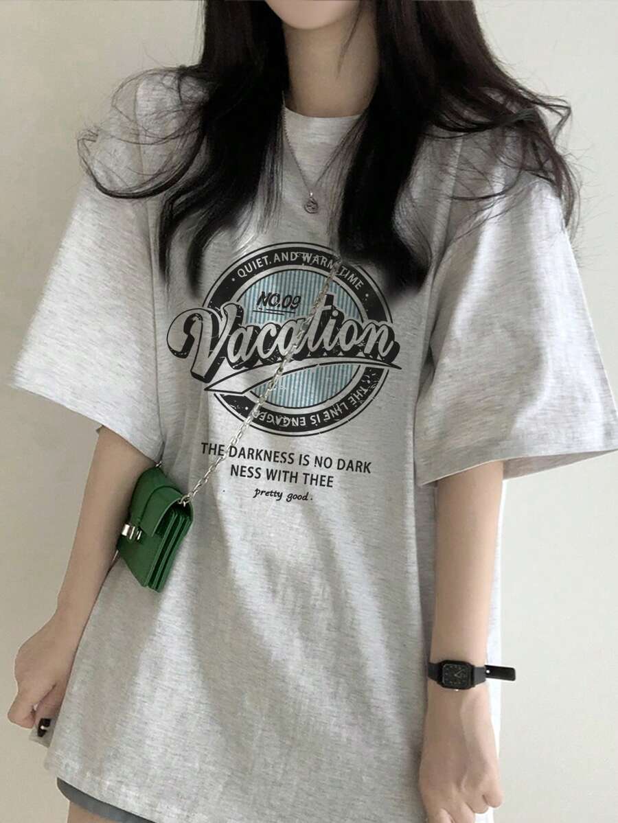 夏季新款独特设计印花圆领休闲百搭少女纯棉短袖T恤 - 淺花灰 - 查看 1