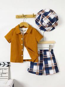 3pcs Boys' Summer Set: Yellow Collar Shirt + Yellow & Blue Plaid Shorts + Matching Sun Hat, Casual Stylish Kids Outfit - Brown - View 4