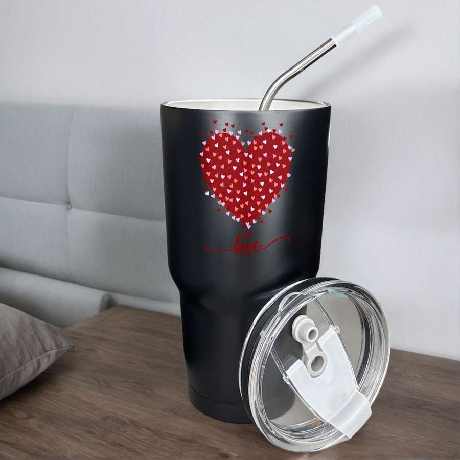 30oz Stainless Steel Tumbler Black White Options, Heart Made Of Red Hearts With Love Script Graphic Cups, Insulated Travel Coffee Mug With Lid And Straw , Double Wall Vacuum Reusable Travel Cups, Funny Birthday Party Gift For Women & Men - 黑色 - 查看 1