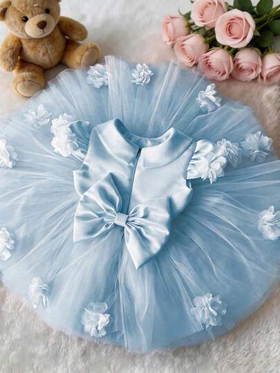 Baby Girls Elegant Blue Floral Bow Princess Dress, Suitable For Girl Birthday, Party, Wedding, Festival Celebration Event